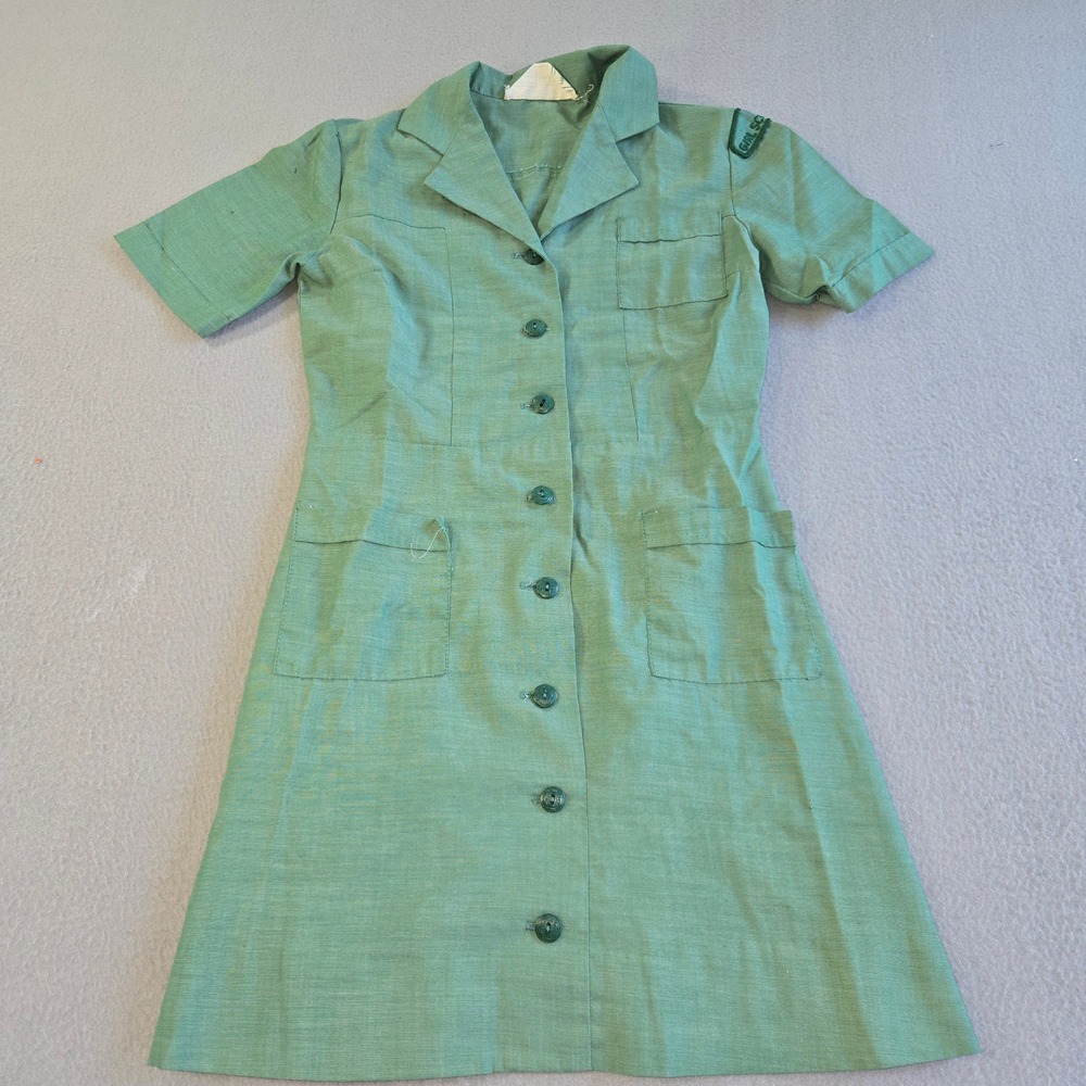 Girl Scouts Uniform Dress Girls XS Green Vintage Button Front Patch Short Sleeve